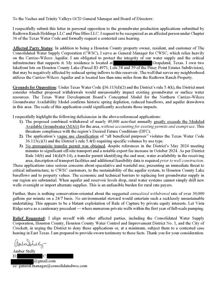 Opposition Letter from Consolidated general manager Amber Stelly