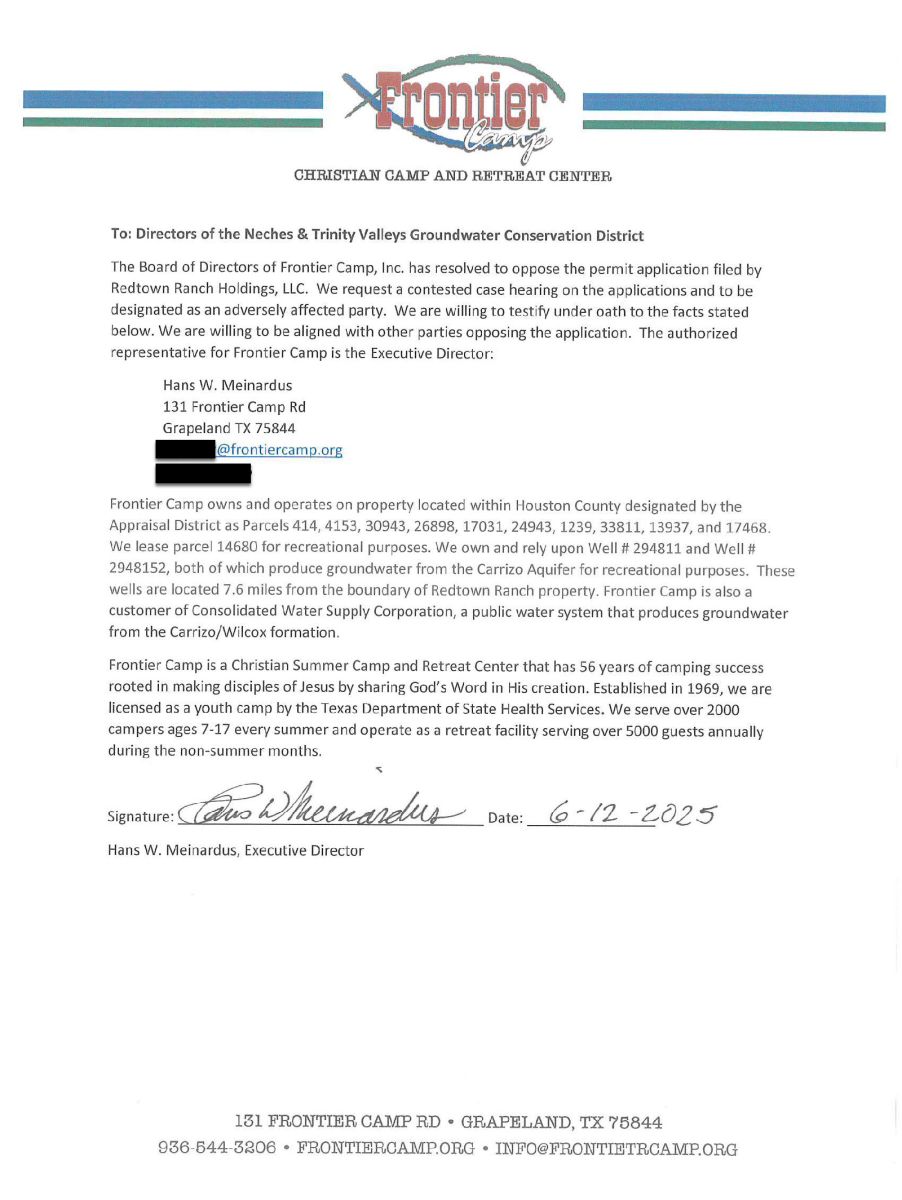 Letter from Frontier Camp in Opposition of Redtown Well field