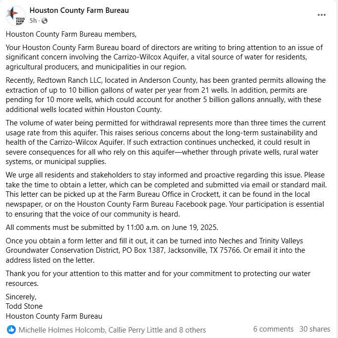 Letter from Houston County Farm Bureau Opposing the Redtown Wellfield