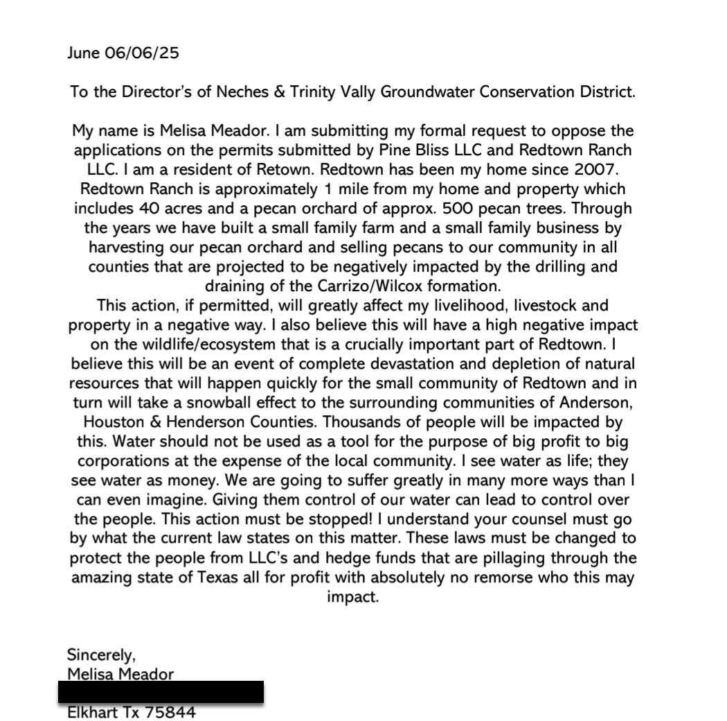 Letter from Melisa Meador in Opposition of Redtown Permit