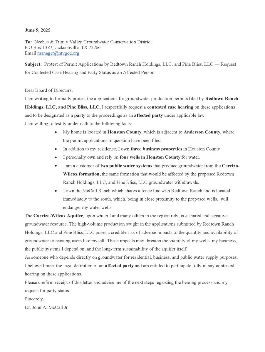 Letter of Redtown Opposition from Dr. John A. McCall