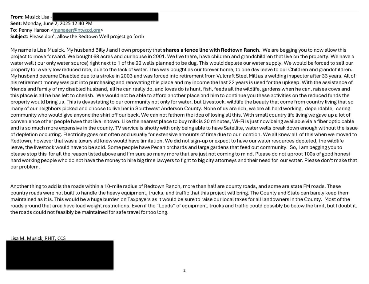 Letter from Lisa Musick in Opposition of Redtown wellfields