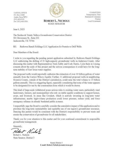 Letter from Senator Nichols in Opposition of Permit Applications