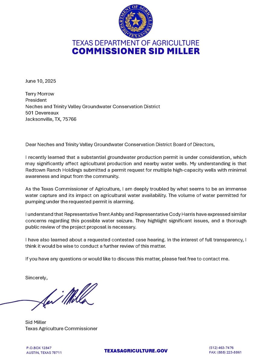 Texas Ag Commissioner Sid Miller Protest Letter