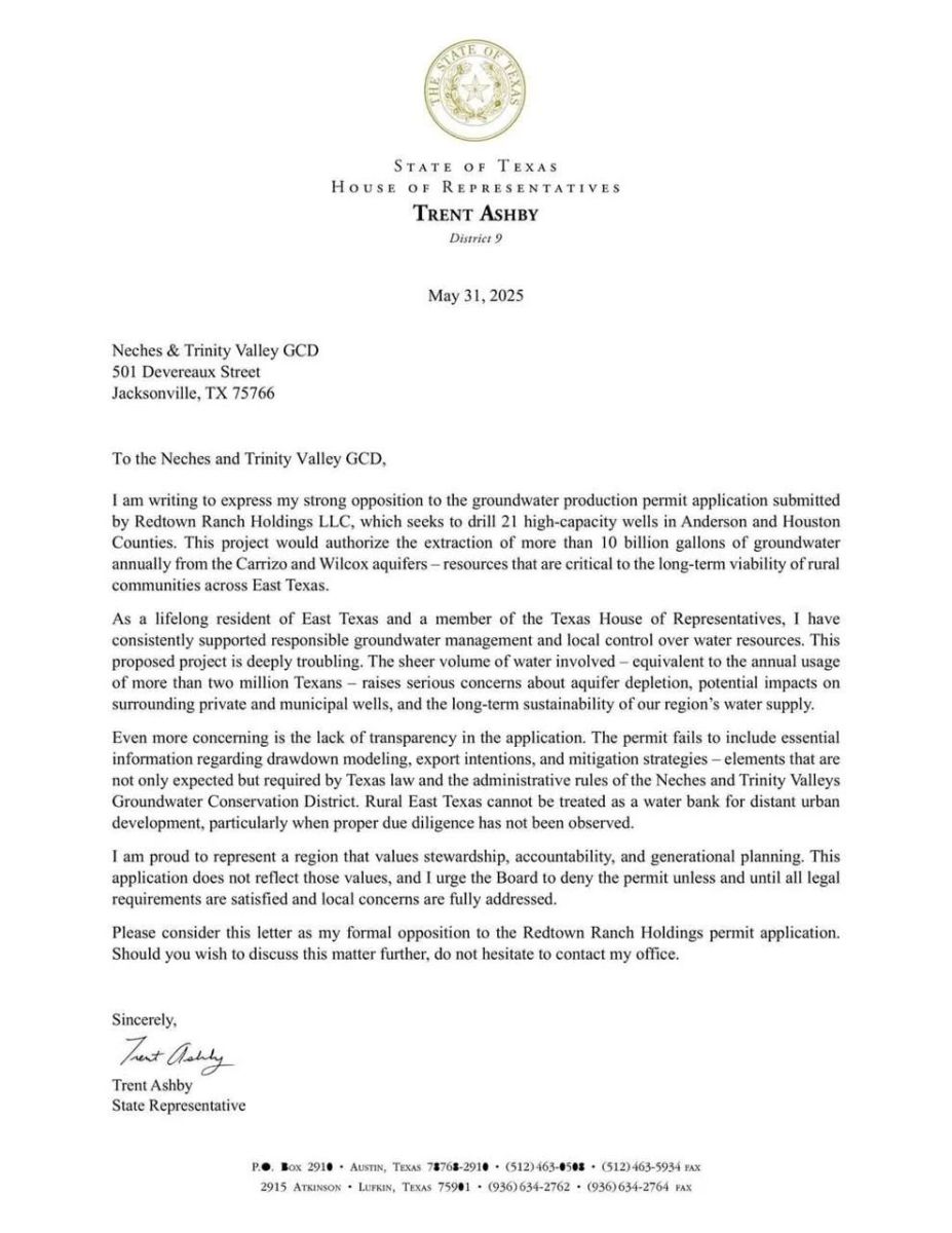 Letter from Representative Ashby Opposing Redtown Applications
